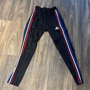 Adidas Kids Black Joggers with Red and Blue Stripes